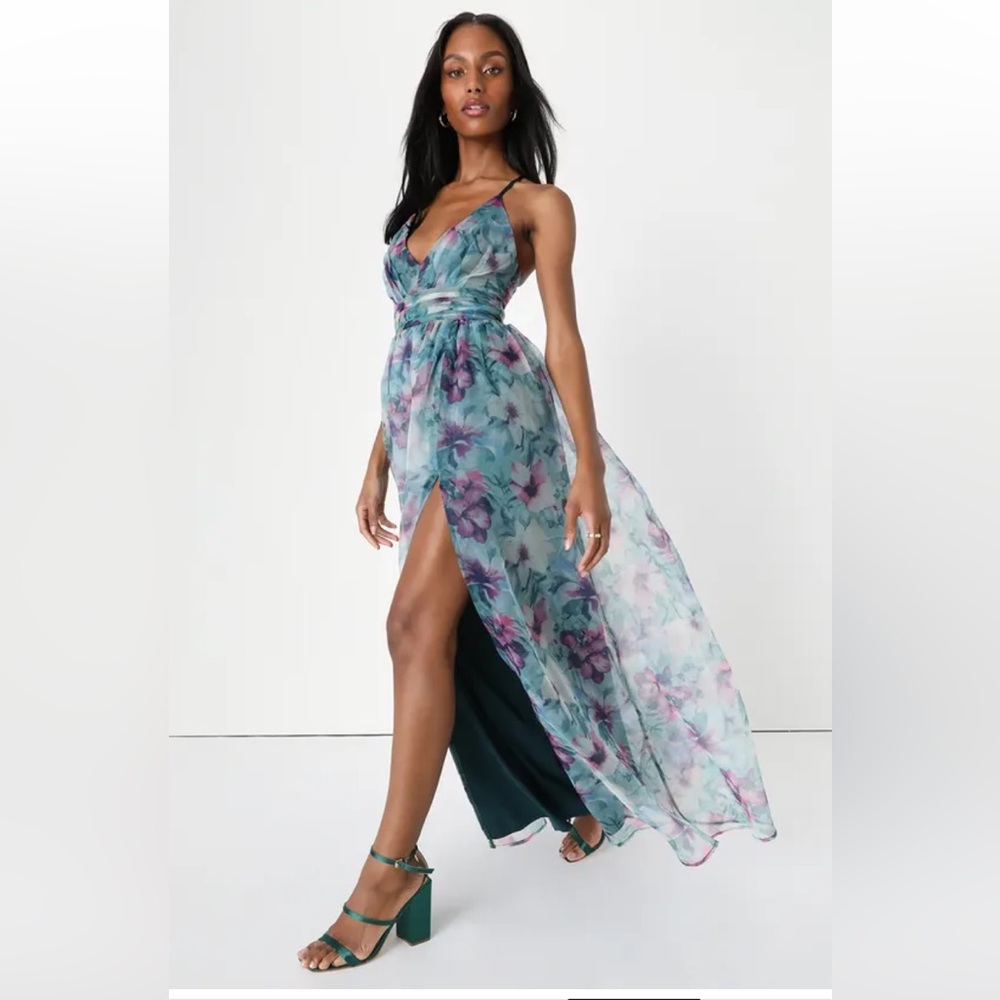 Lulus Romance That Wows Dark Teal Floral Print Organza Maxi Dress